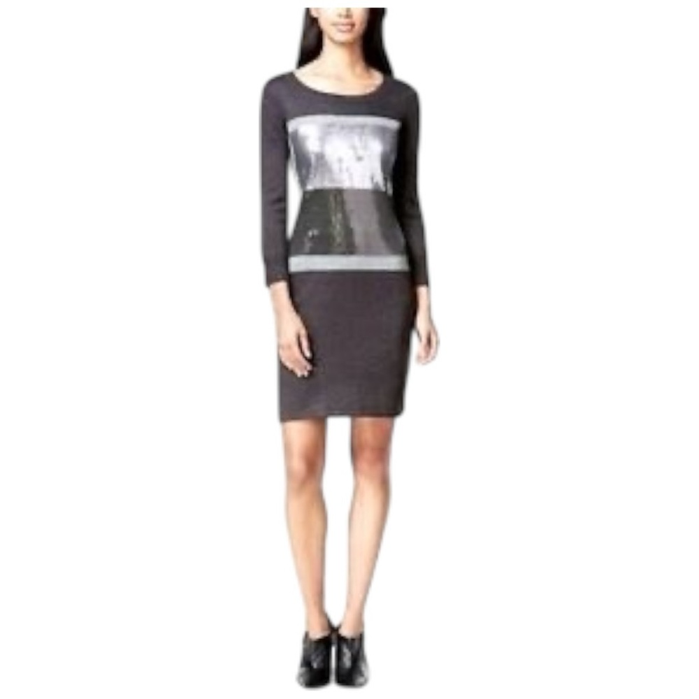 Calvin Klein Black Knit Sequin Dress Small Colour Block Silver Grey Fitted - Picture 3 of 8